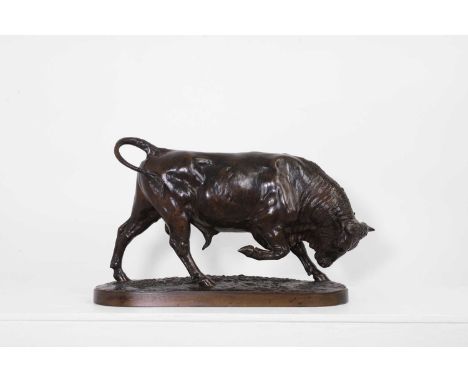 After Isidore-Jules Bonheur, a charging bull, patinated bronze, on a naturalistic base inscribed 'BONHEUR',52cm wide18cm deep