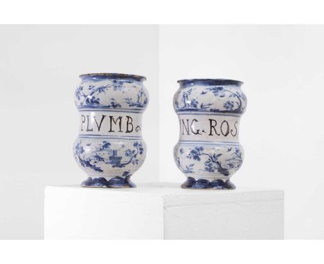 Two maiolica blue and white albarelli, 18th century, Italian, one example inscribed with 'NVG.ROSAT', the other 'VNG.PLVMB', 