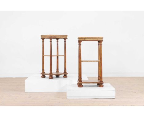 A pair of Regency-style burr oak side tables, of recent manufacture, each with a galleried top above two further shelves, set