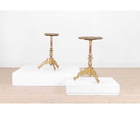 A pair of Louis XV-style giltwood occasional tables, late19th/early 20th century, French or Italian, each square top inset wi