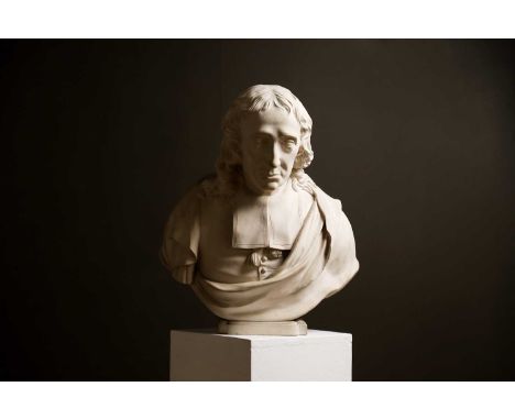 A Coade stone bust of John Milton, first quarter of the 19th century, modelled full face with ecclesiastical vestments on an 