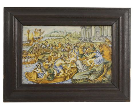 A maiolica istoriato panel, 19th century, Italian, decorated in polychrome with 'The Abduction of Helen from Troy' after engr