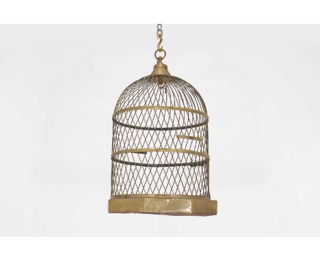 A brass hanging birdcage lantern, 19th century, with a wirework body and an octagonal base, adapted, 48cm wide48cm deep73cm h