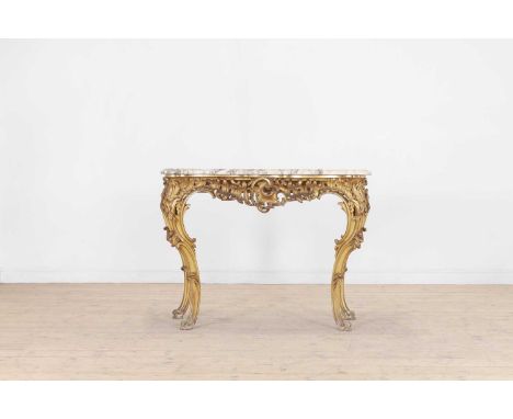 A Louis XV-style carved giltwood console table,  19th century, French, the serpentine brèche violette marble top above a pier