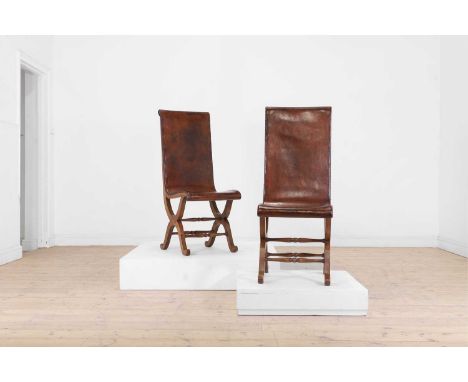 A pair of leather low chairs, second half of the 20th century, Spanish, in the manner of Pierre Lottier for Valenti, each wit