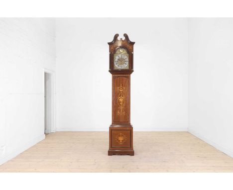 An Edwardian inlaid rosewood musical longcase clock, c.1900, the arched 13-inch dial with silvered chapter ring and subsidiar