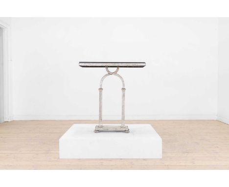 A silvered steel 'Peristyle' console table by Soane Britain, of recent manufacture, the black marble top raised on twin suppo