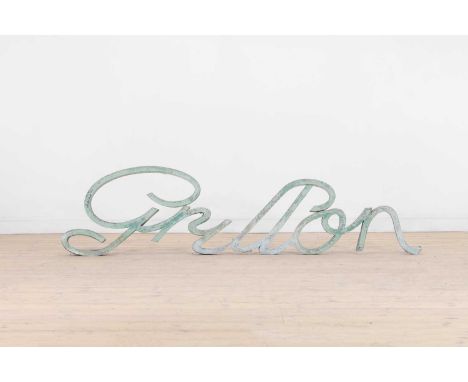 A painted metal wall sign, 20th century, French, reading 'Grillon' (cricket),198cm wide63cm high 