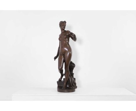 After Joseph Henri Condamin, a patinated bronze figure of a female nude descending a staircase, inscribed 'Joseph Henri Conda