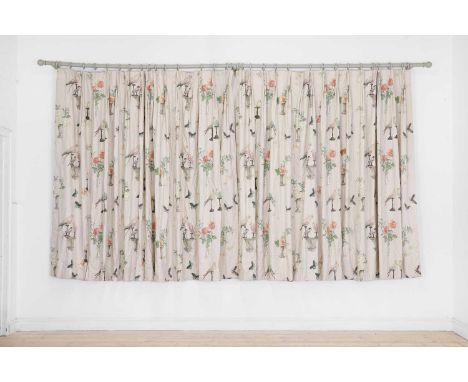 A pair of lined and interlined cotton curtains in Nina Campbell 'Perroquet', of recent manufacture, decorated with birds and 