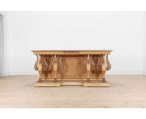 An Empire-style bleached wooden console table, 20th century, French, the grey-veined marble top raised on four parcel-gilt sw