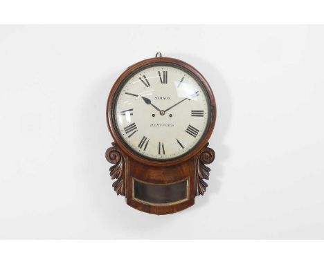 A mahogany drop-dial wall clock, by Simson, Hertford, the 12-inch convex painted dial with an eight-day double fusee movement