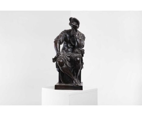 After Michelangelo, late 19th/early 20th century, a patinated bronze sculpture of Lorenzo de' Medici, Duke of Urbino,24cm wid