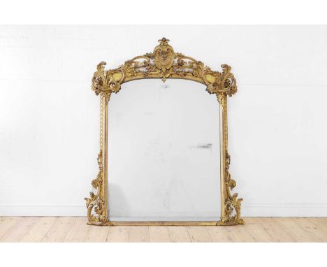 A Louis XV-style painted and parcel-gilt wood and composition overmantel mirror, 19th century, French, the domed rectangular 