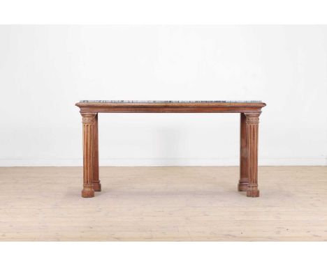 A mahogany console table, 19th century, the grey marble top raised on fluted column front supports, the top repaired,152cm wi