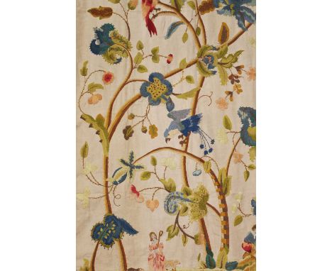 Two pairs of crewelwork panels, the crewelwork 19th/20th century, worked in polychrome wool threads in predominantly satin, l