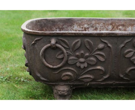 A Tang-style cast iron trough, 19th century, the sides cast with foliate designs, with hoop rings and dragon-head feet,98cm w