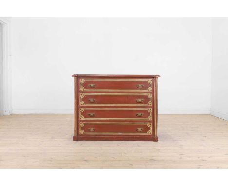 A painted pine commode, 19th century, Continental, the shaped top above four drawers united by fluted column pilasters, with 