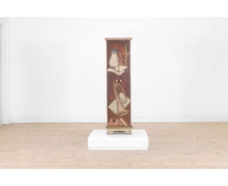 A painted trompe l'oeil wooden cabinet, of recent manufacture, of narrow form painted with musical instruments, 34cm wide20cm