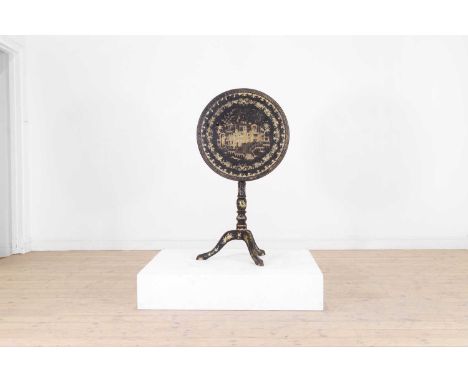 An export black-lacquered chinoiserie tripod table, 19th century, Chinese, the circular top with central decoration of figure