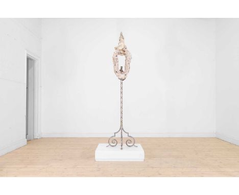 A shell-encrusted 'Grotto' floor lamp, of recent manufacture, of Venetian gondola lantern form, raised on a silvered-metal co