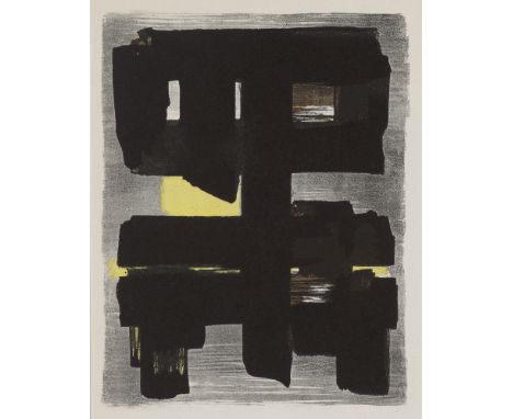 Pierre Soulages.  (1919 Rodez - 2022 Nimes). o.T. Farblithographie auf Velin. 12,6 x 9,7 cm (22 x 11,3 cm). Mit typographisch