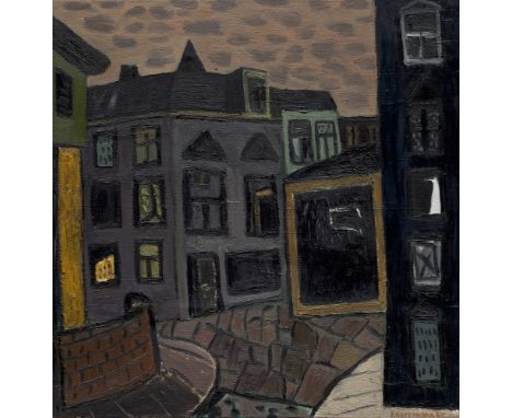 Peter Herrmann.  (1937 Großschöna bei Zittau). Stadtansicht II. 1984. Öl auf Leinwand. 55 x 55 cm. Signiert und datiert. Im K