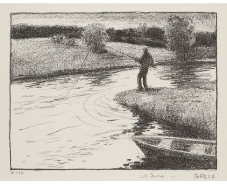 Emil Orlik.  (1870 Prag - 1932 Berlin). Der Angler. 1987. Lithographie auf Velin. 19,7 x 25,8 cm (30,6 x 46,8 cm). Signiert, 
