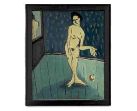 Peter Herrmann.  (1937 Großschöna bei Zittau). Weiblicher Akt mit Apfel. 1984. Öl auf Leinwand. 55,3 x 45 cm. Signiert und da