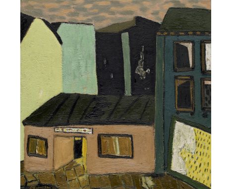 Peter Herrmann.  (1937 Großschöna bei Zittau). Stadtansicht I. 1984. Öl auf Leinwand. 55 x 55,5 cm. Signiert und datiert. Im 