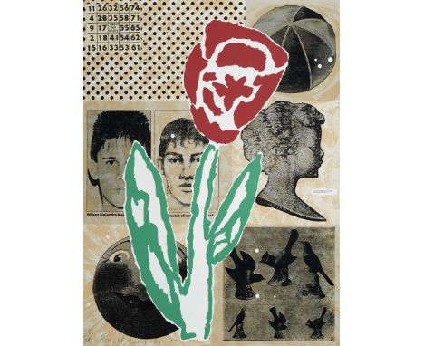 Donald Baechler.  (1956 - 2022 New York). Flower. 1994. Farbserigraphie und Collage, partiell mit Kugelschreiber überarbeitet