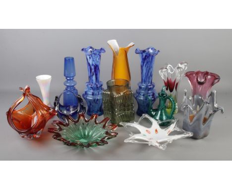 A box of assorted art glass, to include Josef Hospodka, seahorse waterjug, blue clouded vases and amber coloured spiral vase.