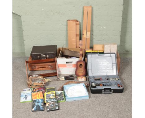 Two boxes of miscellaneous to include Meccano, Ukulele, book trough, Xbox video games, Wedgwood, children's board games, etc.