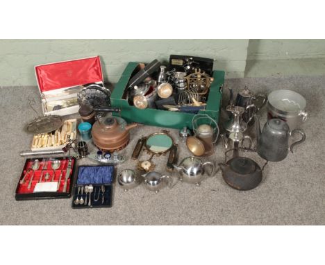 Two boxes containing a very good collection of metal wares Delta Powerlite Lantern, James Ryals &amp; Co, William Briggs Pewt