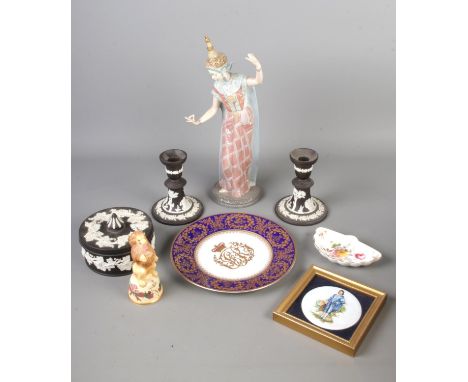 A mix of ceramics and assorted items. Including three pieces Wedgwood Black Jasperware (lidded vanity pot &amp; 2 candle hold