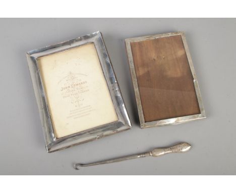 Two Silver Frames and a Button Hooks: c1915 Silver Frames with Birmingham hallmarks EFB(EF Braham Ltd) 15x10cm, c1912 Silver 