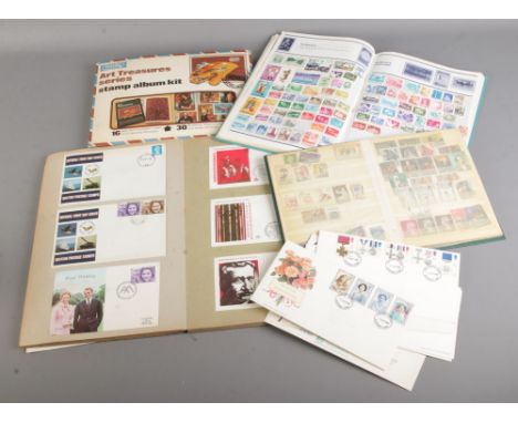 A quantity of stamp albums including stamps from around the world together with a Hornby art treasure series stamp album kit,