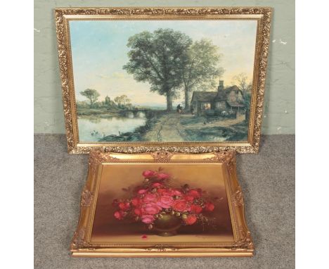 An still life oil on canvas depicting a vase full of roses in a gilt frame together with a large print in frame.