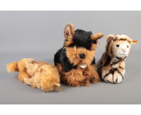 A collection of three Steiff Bears, CE Marked: Steiff Billy Tiger 084102 Size 20cm, Steiff Herkules Yorkshire Terrier 076923 