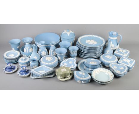 A large collection of mainly Wedgwood jasperware. Includes Embossed Queen's Ware, Christmas plates, trinket dishes, boxes, va