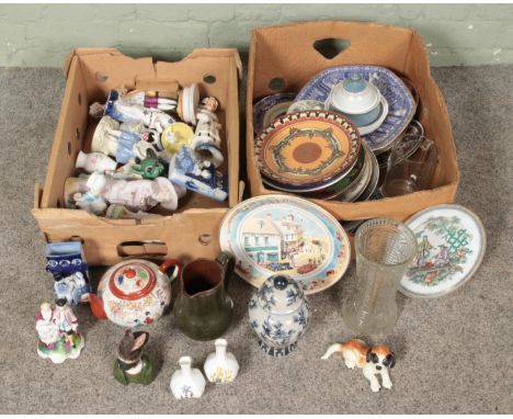 Two boxes of assorted items, mainly ceramics. To include P. Kgaile tribal bust, India Jane lidded urn, Rington's cabinet plat