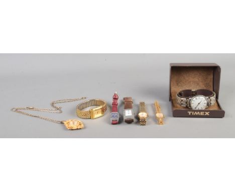 Seven assorted watches, to include Gents Timex Marlin, ladies Sekonda and Services necklace watch.  Crack to glass on Timex w