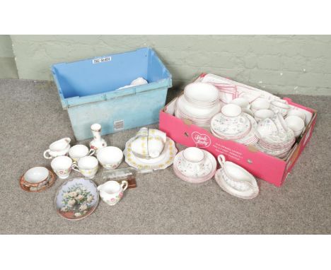 Two boxes of miscellaneous. Includes Expressions Avalon dinnerwares, Royal Albert Old Country Roses vase, Royal Crown Derby c