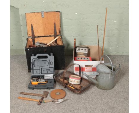 A small tool chest and one box containing an assortment of tools to include hammers, chisels, rasps, portable pyrometer, galv