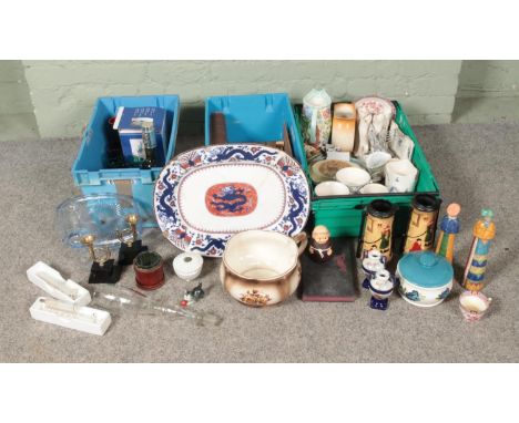 Three boxes of miscellaneous to include vintage books, Minton, Crown Devon, ceramic figures, Goebel, assorted coloured glassw
