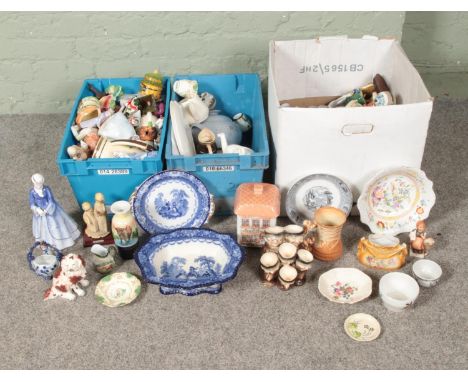 Three boxes of miscellaneous to include Goebel, Giuseppe Armani, good collection of ceramic figures, Doulton, Sadler, etc.