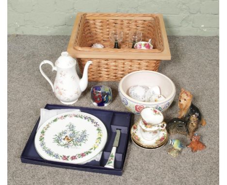 A box of assorted named ceramics and glassware to include Royal Albert, Luminarc, Poole, Sylvac, Beswick, Goebel, Royal Worce