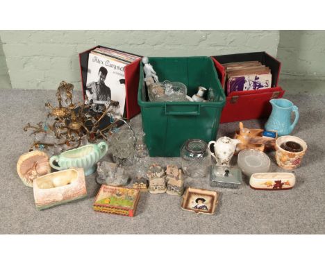 A box of miscellaneous to include Sylvac, cut glass items, tiddlywinks boxed game, collectable cottages, a chandelier and a s