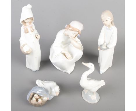 Five Spain Lladro Ceramic Figures, includes Young Girl Just Resting #6481, Mother Goose and Goslings #4895, Shepherdess with 