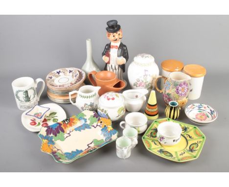A tray of assorted ceramics to include Royal Doulton Gloria pattern dish, Moorcroft, Royal Crown Derby, Portmeirion, Quimper,